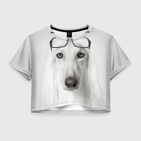 Женская футболка 3D укороченная с принтом Собака в очках в Курске, 100% полиэстер | круглая горловина, длина футболки до линии талии, рукава с отворотами | афганская | белая | борзая | в очках | животное | очки | прикол | собака