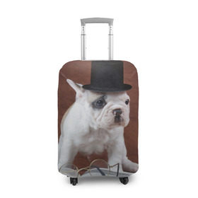 Чехол для чемодана 3D с принтом Бульдог в цилиндре в Курске, 86% полиэфир, 14% спандекс | двустороннее нанесение принта, прорези для ручек и колес | бульдог в цилиндре | домашнее | животное | книга французский | очки | пес | прикол | собака | умный | ученый