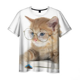 Мужская футболка 3D с принтом Кот в очках в Курске, 100% полиэфир | прямой крой, круглый вырез горловины, длина до линии бедер | Тематика изображения на принте: домашнее | животное | книга | кот | кот в очках | котэ | очки | прикол | умный | ученый | читает