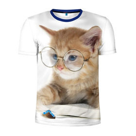Мужская футболка 3D спортивная с принтом Кот в очках в Курске, 100% полиэстер с улучшенными характеристиками | приталенный силуэт, круглая горловина, широкие плечи, сужается к линии бедра | Тематика изображения на принте: домашнее | животное | книга | кот | кот в очках | котэ | очки | прикол | умный | ученый | читает