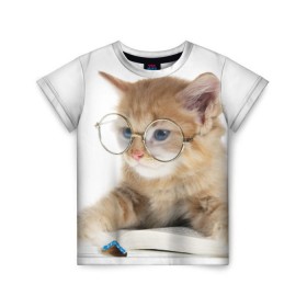 Детская футболка 3D с принтом Кот в очках в Курске, 100% гипоаллергенный полиэфир | прямой крой, круглый вырез горловины, длина до линии бедер, чуть спущенное плечо, ткань немного тянется | Тематика изображения на принте: домашнее | животное | книга | кот | кот в очках | котэ | очки | прикол | умный | ученый | читает