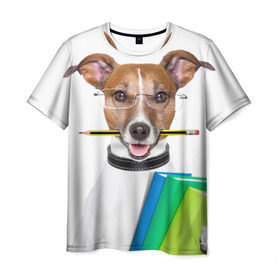 Мужская футболка 3D с принтом Ученый пес в Курске, 100% полиэфир | прямой крой, круглый вырез горловины, длина до линии бедер | домашнее | животное | карандаш | книги | очки | ошейник | пес | прикол | собака в очках | умный | ученый