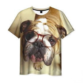 Мужская футболка 3D с принтом Бульдог в очках в Курске, 100% полиэфир | прямой крой, круглый вырез горловины, длина до линии бедер | бульдог в очках | домашнее | животное | очки | пес | прикол | собака | умный | ученый