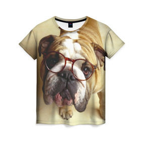 Женская футболка 3D с принтом Бульдог в очках в Курске, 100% полиэфир ( синтетическое хлопкоподобное полотно) | прямой крой, круглый вырез горловины, длина до линии бедер | бульдог в очках | домашнее | животное | очки | пес | прикол | собака | умный | ученый
