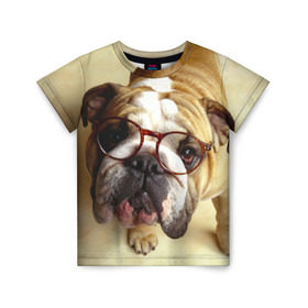 Детская футболка 3D с принтом Бульдог в очках в Курске, 100% гипоаллергенный полиэфир | прямой крой, круглый вырез горловины, длина до линии бедер, чуть спущенное плечо, ткань немного тянется | бульдог в очках | домашнее | животное | очки | пес | прикол | собака | умный | ученый
