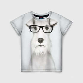 Детская футболка 3D с принтом Собака в очках в Курске, 100% гипоаллергенный полиэфир | прямой крой, круглый вырез горловины, длина до линии бедер, чуть спущенное плечо, ткань немного тянется | белый | домашнее | животное | очки | пес | прикол | собака в очках | умный | ученый | эрдельтерьер