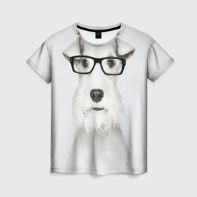 Женская футболка 3D с принтом Собака в очках в Курске, 100% полиэфир ( синтетическое хлопкоподобное полотно) | прямой крой, круглый вырез горловины, длина до линии бедер | белый | домашнее | животное | очки | пес | прикол | собака в очках | умный | ученый | эрдельтерьер