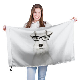 Флаг 3D с принтом Собака в очках в Курске, 100% полиэстер | плотность ткани — 95 г/м2, размер — 67 х 109 см. Принт наносится с одной стороны | белый | домашнее | животное | очки | пес | прикол | собака в очках | умный | ученый | эрдельтерьер