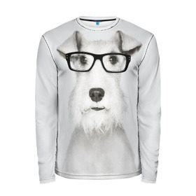 Мужской лонгслив 3D с принтом Собака в очках в Курске, 100% полиэстер | длинные рукава, круглый вырез горловины, полуприлегающий силуэт | Тематика изображения на принте: белый | домашнее | животное | очки | пес | прикол | собака в очках | умный | ученый | эрдельтерьер