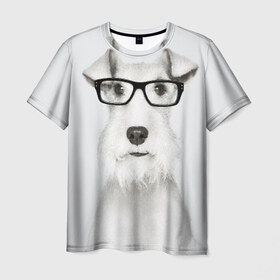 Мужская футболка 3D с принтом Собака в очках в Курске, 100% полиэфир | прямой крой, круглый вырез горловины, длина до линии бедер | белый | домашнее | животное | очки | пес | прикол | собака в очках | умный | ученый | эрдельтерьер