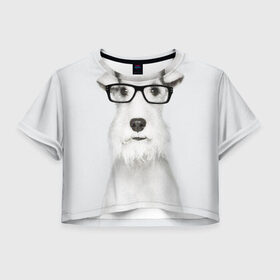 Женская футболка 3D укороченная с принтом Собака в очках в Курске, 100% полиэстер | круглая горловина, длина футболки до линии талии, рукава с отворотами | Тематика изображения на принте: белый | домашнее | животное | очки | пес | прикол | собака в очках | умный | ученый | эрдельтерьер