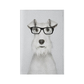 Обложка для паспорта матовая кожа с принтом Собака в очках в Курске, натуральная матовая кожа | размер 19,3 х 13,7 см; прозрачные пластиковые крепления | Тематика изображения на принте: белый | домашнее | животное | очки | пес | прикол | собака в очках | умный | ученый | эрдельтерьер