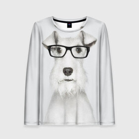 Женский лонгслив 3D с принтом Собака в очках в Курске, 100% полиэстер | длинные рукава, круглый вырез горловины, полуприлегающий силуэт | белый | домашнее | животное | очки | пес | прикол | собака в очках | умный | ученый | эрдельтерьер