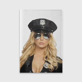 Обложка для паспорта матовая кожа с принтом Девушка полицейский в Курске, натуральная матовая кожа | размер 19,3 х 13,7 см; прозрачные пластиковые крепления | блондинка | девушка | кожа | очки | форма | фуражка