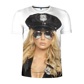 Мужская футболка 3D спортивная с принтом Девушка полицейский в Курске, 100% полиэстер с улучшенными характеристиками | приталенный силуэт, круглая горловина, широкие плечи, сужается к линии бедра | блондинка | девушка | кожа | очки | форма | фуражка
