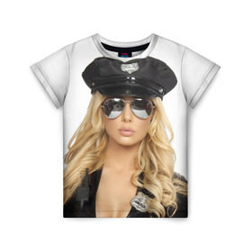 Детская футболка 3D с принтом Девушка полицейский в Курске, 100% гипоаллергенный полиэфир | прямой крой, круглый вырез горловины, длина до линии бедер, чуть спущенное плечо, ткань немного тянется | блондинка | девушка | кожа | очки | форма | фуражка