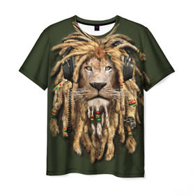 Мужская футболка 3D с принтом Лев в Курске, 100% полиэфир | прямой крой, круглый вырез горловины, длина до линии бедер | reggae | лев | музыка | наушники | прическа | регги | стиль | ямайка