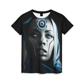 Женская футболка 3D с принтом Девушка андроид в Курске, 100% полиэфир ( синтетическое хлопкоподобное полотно) | прямой крой, круглый вырез горловины, длина до линии бедер | андроид | глаз | девушка | киборг | робот | третий