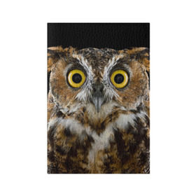 Обложка для паспорта матовая кожа с принтом Сова в Курске, натуральная матовая кожа | размер 19,3 х 13,7 см; прозрачные пластиковые крепления | взгляд | гипноз | гипнотический | глаза | мистическая | ночная | ночь | птица | сова | фон | хищник | черный
