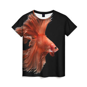 Женская футболка 3D с принтом Бойцовая рыбка в Курске, 100% полиэфир ( синтетическое хлопкоподобное полотно) | прямой крой, круглый вырез горловины, длина до линии бедер | Тематика изображения на принте: аквариумная | бойцовая | красивый | плавники | рыба | рыбка | хвост | япаонская
