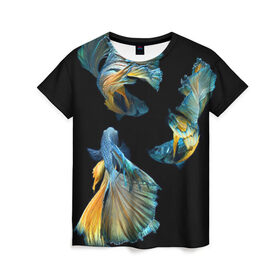 Женская футболка 3D с принтом Бойцовая рыбка в Курске, 100% полиэфир ( синтетическое хлопкоподобное полотно) | прямой крой, круглый вырез горловины, длина до линии бедер | аквариумная | бойцовая | красивый | плавники | рыба | рыбка | хвост | япаонская