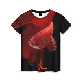 Женская футболка 3D с принтом Бойцовая рыбка в Курске, 100% полиэфир ( синтетическое хлопкоподобное полотно) | прямой крой, круглый вырез горловины, длина до линии бедер | Тематика изображения на принте: аквариумная | бойцовая | красивый | плавники | рыба | рыбка | хвост | япаонская