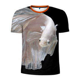Мужская футболка 3D спортивная с принтом Бойцовая рыбка в Курске, 100% полиэстер с улучшенными характеристиками | приталенный силуэт, круглая горловина, широкие плечи, сужается к линии бедра | Тематика изображения на принте: аквариумная | бойцовая | красивый | плавники | рыба | рыбка | хвост | япаонская