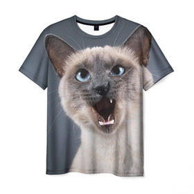 Мужская футболка 3D с принтом Злой кот в Курске, 100% полиэфир | прямой крой, круглый вырез горловины, длина до линии бедер | взгляд | домашнее | животное | злой | зубы | клыки | кот | котэ | кошка | оскал | сеамский
