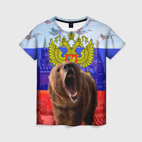 Женская футболка 3D с принтом Русский медведь и герб в Курске, 100% полиэфир ( синтетическое хлопкоподобное полотно) | прямой крой, круглый вырез горловины, длина до линии бедер | герб | медведь | россия | русский | русский медведь
