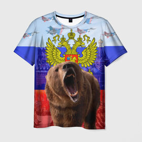 Мужская футболка 3D с принтом Русский медведь и герб в Курске, 100% полиэфир | прямой крой, круглый вырез горловины, длина до линии бедер | Тематика изображения на принте: герб | медведь | россия | русский | русский медведь