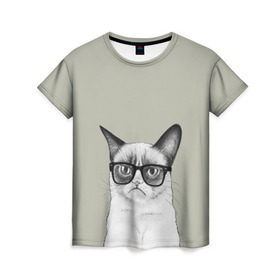 Женская футболка 3D с принтом Кот - хипстер в Курске, 100% полиэфир ( синтетическое хлопкоподобное полотно) | прямой крой, круглый вырез горловины, длина до линии бедер | cat | hipster | кот | кошка | хипстер