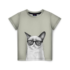 Детская футболка 3D с принтом Кот - хипстер в Курске, 100% гипоаллергенный полиэфир | прямой крой, круглый вырез горловины, длина до линии бедер, чуть спущенное плечо, ткань немного тянется | cat | hipster | кот | кошка | хипстер