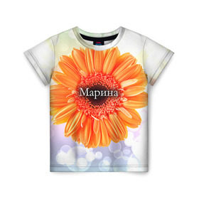 Детская футболка 3D с принтом Марина в Курске, 100% гипоаллергенный полиэфир | прямой крой, круглый вырез горловины, длина до линии бедер, чуть спущенное плечо, ткань немного тянется | девушке | имя | любимой | марина | подарок | подарок любимой | подарок на 8 марта | подарок на день рождения | с 8 марта | цветок | цветы
