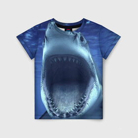 Детская футболка 3D с принтом Белая акула в Курске, 100% гипоаллергенный полиэфир | прямой крой, круглый вырез горловины, длина до линии бедер, чуть спущенное плечо, ткань немного тянется | shark | море | синий