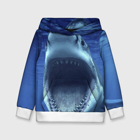 Детская толстовка 3D с принтом Белая акула в Курске, 100% полиэстер | двухслойный капюшон со шнурком для регулировки, мягкие манжеты на рукавах и по низу толстовки, спереди карман-кенгуру с мягким внутренним слоем | shark | море | синий