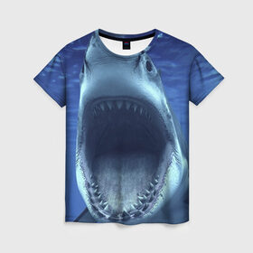 Женская футболка 3D с принтом Белая акула в Курске, 100% полиэфир ( синтетическое хлопкоподобное полотно) | прямой крой, круглый вырез горловины, длина до линии бедер | Тематика изображения на принте: shark | море | синий