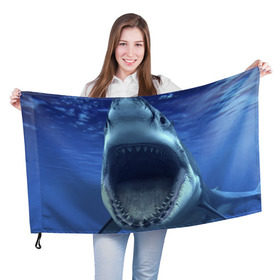 Флаг 3D с принтом Белая акула в Курске, 100% полиэстер | плотность ткани — 95 г/м2, размер — 67 х 109 см. Принт наносится с одной стороны | shark | море | синий
