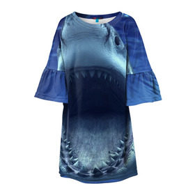 Детское платье 3D с принтом Белая акула в Курске, 100% полиэстер | прямой силуэт, чуть расширенный к низу. Круглая горловина, на рукавах — воланы | Тематика изображения на принте: shark | море | синий