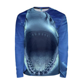 Мужской лонгслив 3D с принтом Белая акула в Курске, 100% полиэстер | длинные рукава, круглый вырез горловины, полуприлегающий силуэт | shark | море | синий