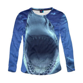 Женский лонгслив 3D с принтом Белая акула в Курске, 100% полиэстер | длинные рукава, круглый вырез горловины, полуприлегающий силуэт | shark | море | синий