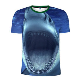 Мужская футболка 3D спортивная с принтом Белая акула в Курске, 100% полиэстер с улучшенными характеристиками | приталенный силуэт, круглая горловина, широкие плечи, сужается к линии бедра | shark | море | синий