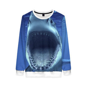 Женский свитшот 3D с принтом Белая акула в Курске, 100% полиэстер с мягким внутренним слоем | круглый вырез горловины, мягкая резинка на манжетах и поясе, свободная посадка по фигуре | shark | море | синий