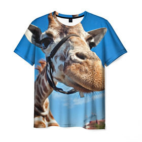 Мужская футболка 3D с принтом Прикольный жираф в Курске, 100% полиэфир | прямой крой, круглый вырез горловины, длина до линии бедер | африка | животное | жираф | небо | природа