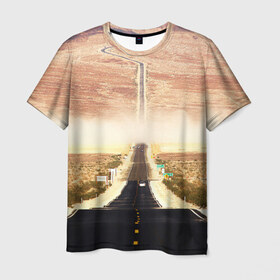 Мужская футболка 3D с принтом Дорога вперед в Курске, 100% полиэфир | прямой крой, круглый вырез горловины, длина до линии бедер | Тематика изображения на принте: асфальт | дорога | жизнь | пустыня | путь