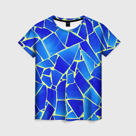 Женская футболка 3D с принтом Мозаика в Курске, 100% полиэфир ( синтетическое хлопкоподобное полотно) | прямой крой, круглый вырез горловины, длина до линии бедер | осколки | синий | стекло