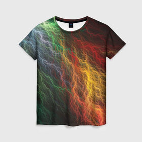 Женская футболка 3D с принтом Разноцветные молнии в Курске, 100% полиэфир ( синтетическое хлопкоподобное полотно) | прямой крой, круглый вырез горловины, длина до линии бедер | lightning | молния