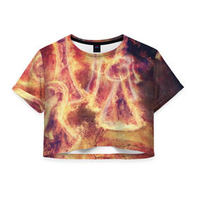 Женская футболка 3D укороченная с принтом Фигуры из пламени в Курске, 100% полиэстер | круглая горловина, длина футболки до линии талии, рукава с отворотами | Тематика изображения на принте: пламя