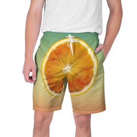 Мужские шорты 3D с принтом Апельсиновый рай в Курске,  полиэстер 100% | прямой крой, два кармана без застежек по бокам. Мягкая трикотажная резинка на поясе, внутри которой широкие завязки. Длина чуть выше колен | апельсин | градиент | жёлтый | зелёный | оранжевый