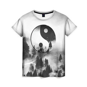 Женская футболка 3D с принтом Гармония в Курске, 100% полиэфир ( синтетическое хлопкоподобное полотно) | прямой крой, круглый вырез горловины, длина до линии бедер | белое | гармония | инь | природа | черное | янь