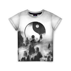 Детская футболка 3D с принтом Гармония в Курске, 100% гипоаллергенный полиэфир | прямой крой, круглый вырез горловины, длина до линии бедер, чуть спущенное плечо, ткань немного тянется | Тематика изображения на принте: белое | гармония | инь | природа | черное | янь